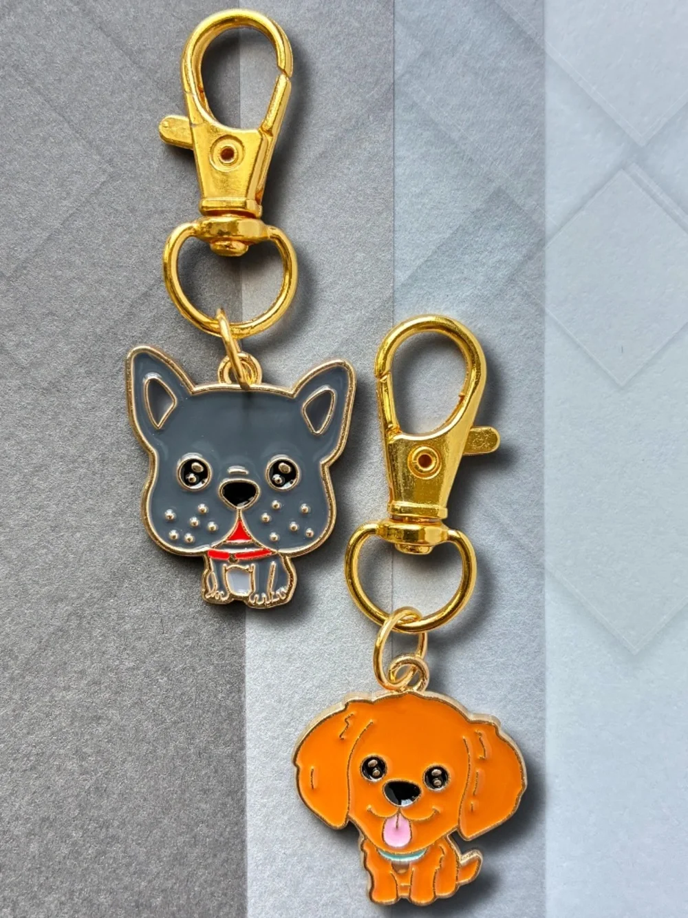 2 Keychain Charms | Cute Dog Enamel | Gold Metal Swivel Clasp Key Rings.